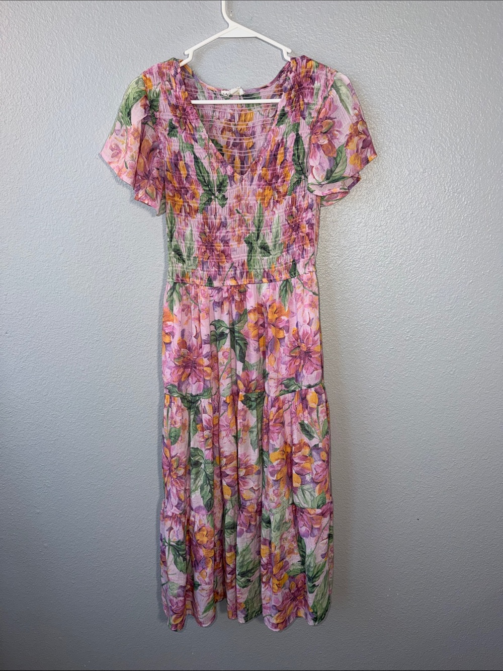 Perch by Blu Pepper Floral Pink Tiered Maxi Dress with Smocked Bodice